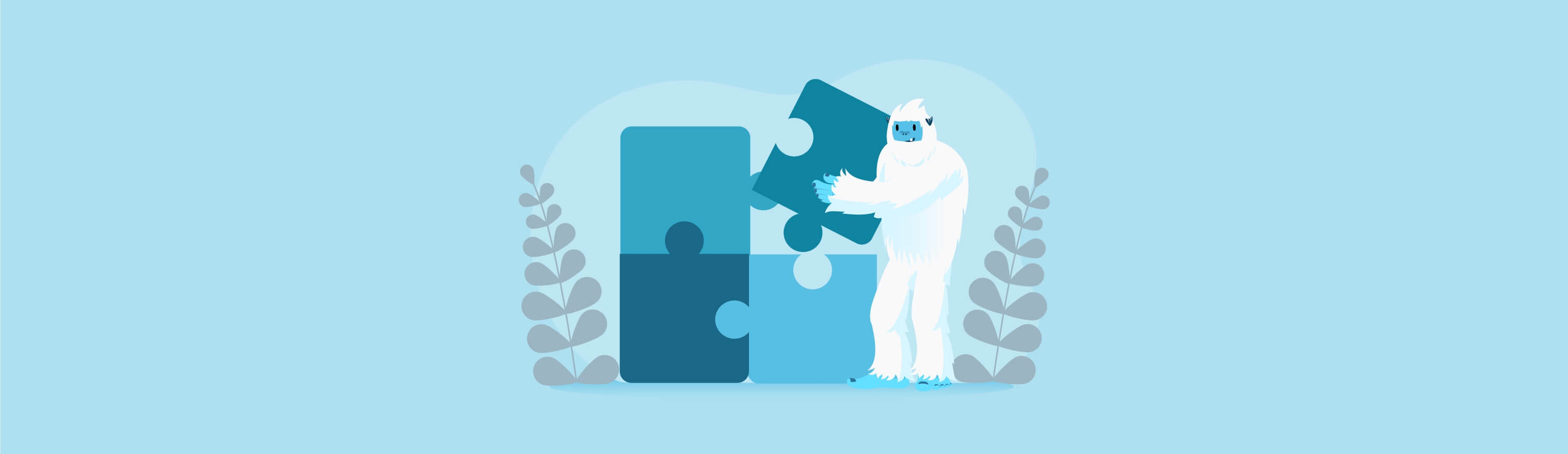 Illustration of Carl the yeti holding several large puzzle pieces.
