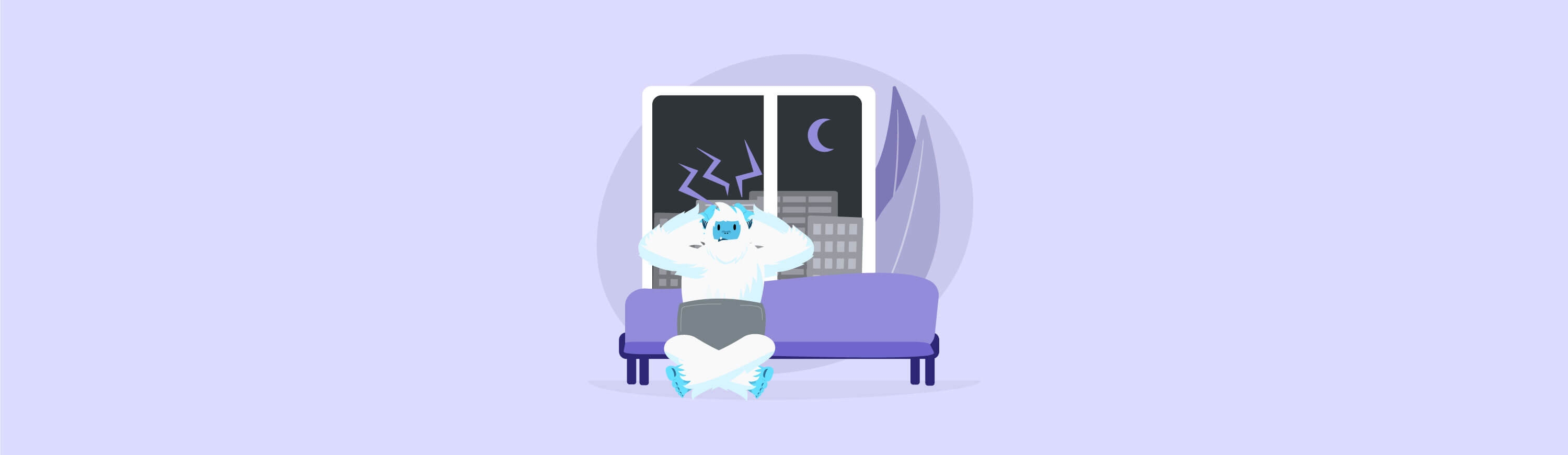 Illustration of Carl the Yeti sitting on a couch feeling anxious and distressed.