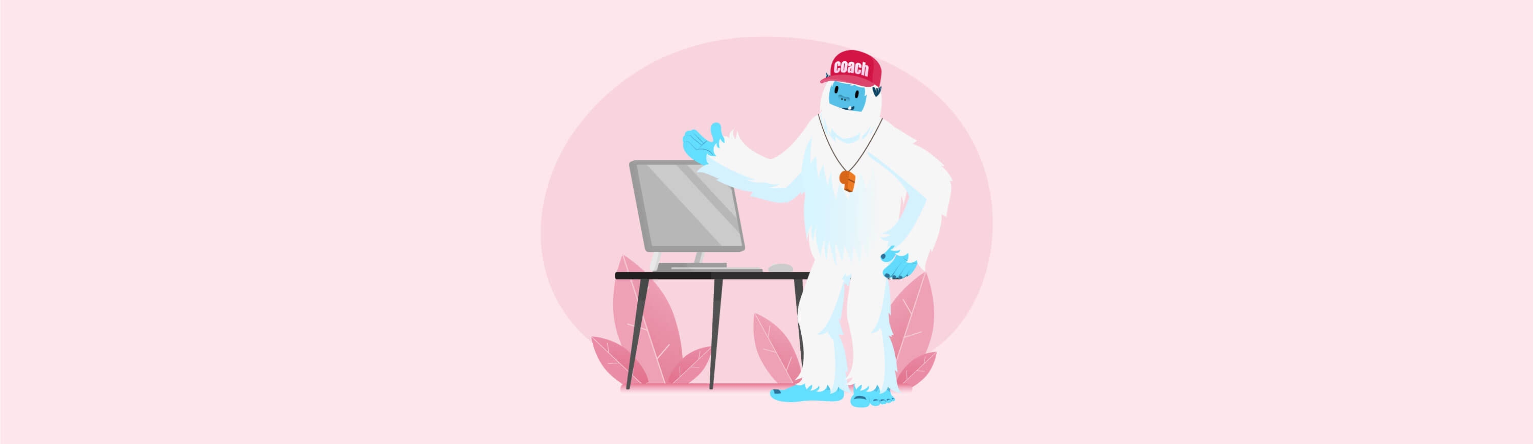 Illustration of Carl the yeti standing by a computer desk with a hat that says coach.