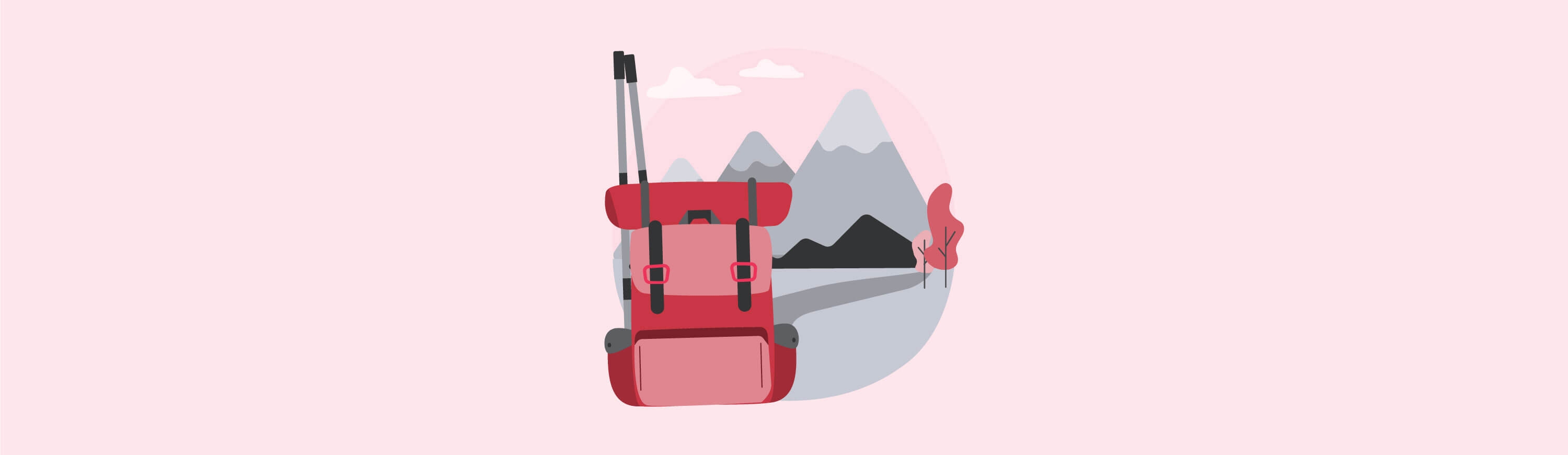 Illustration of backpacking backpack with a mountain background.