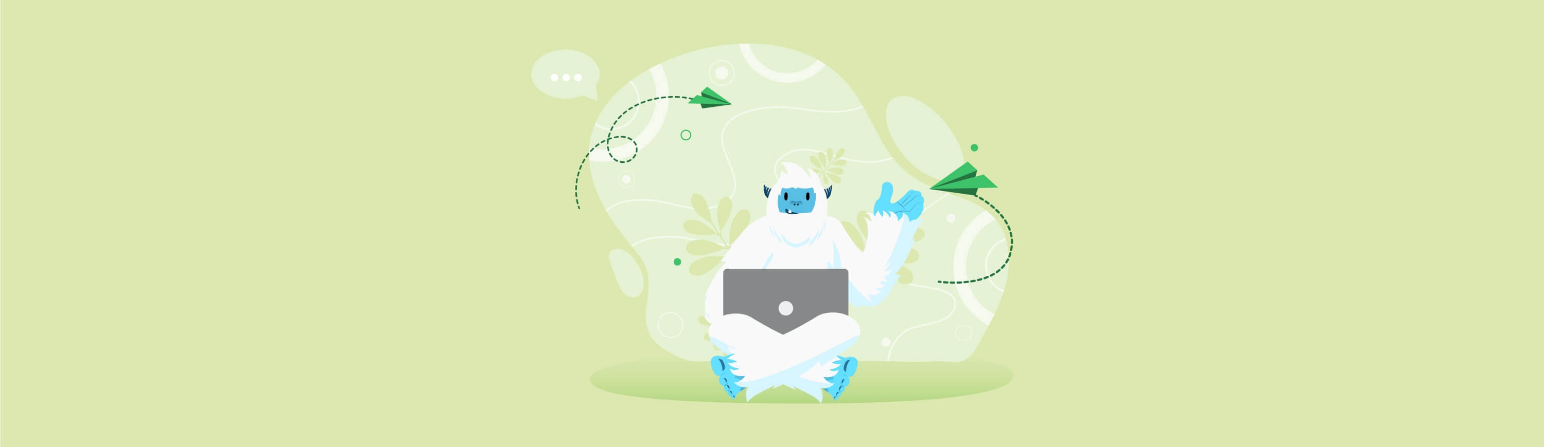 Illustration of Carl the yeti laying in a hammock on a laptop with a plant next to him.