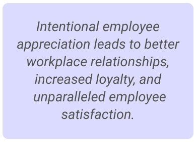 image with text - Intentional employee appreciation leads to better workplace relationships, increased loyalty, and unparalleled employee satisfaction.