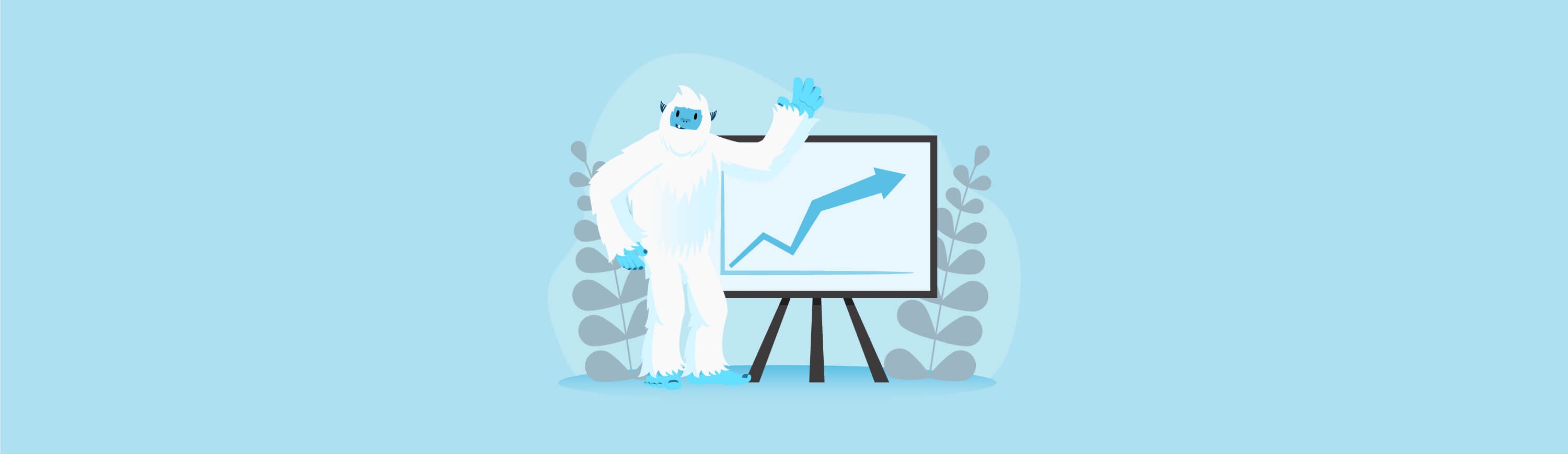 Illustration of Carl the yeti standing next to and pointing at a chart trending upwards.
