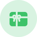 A green icon with a giftcard wrapped in a bow, demonstrating employee rewards.