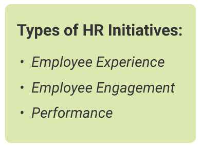image with text - Types of HR Initiatives: employee experience, employee engagement, & performance.