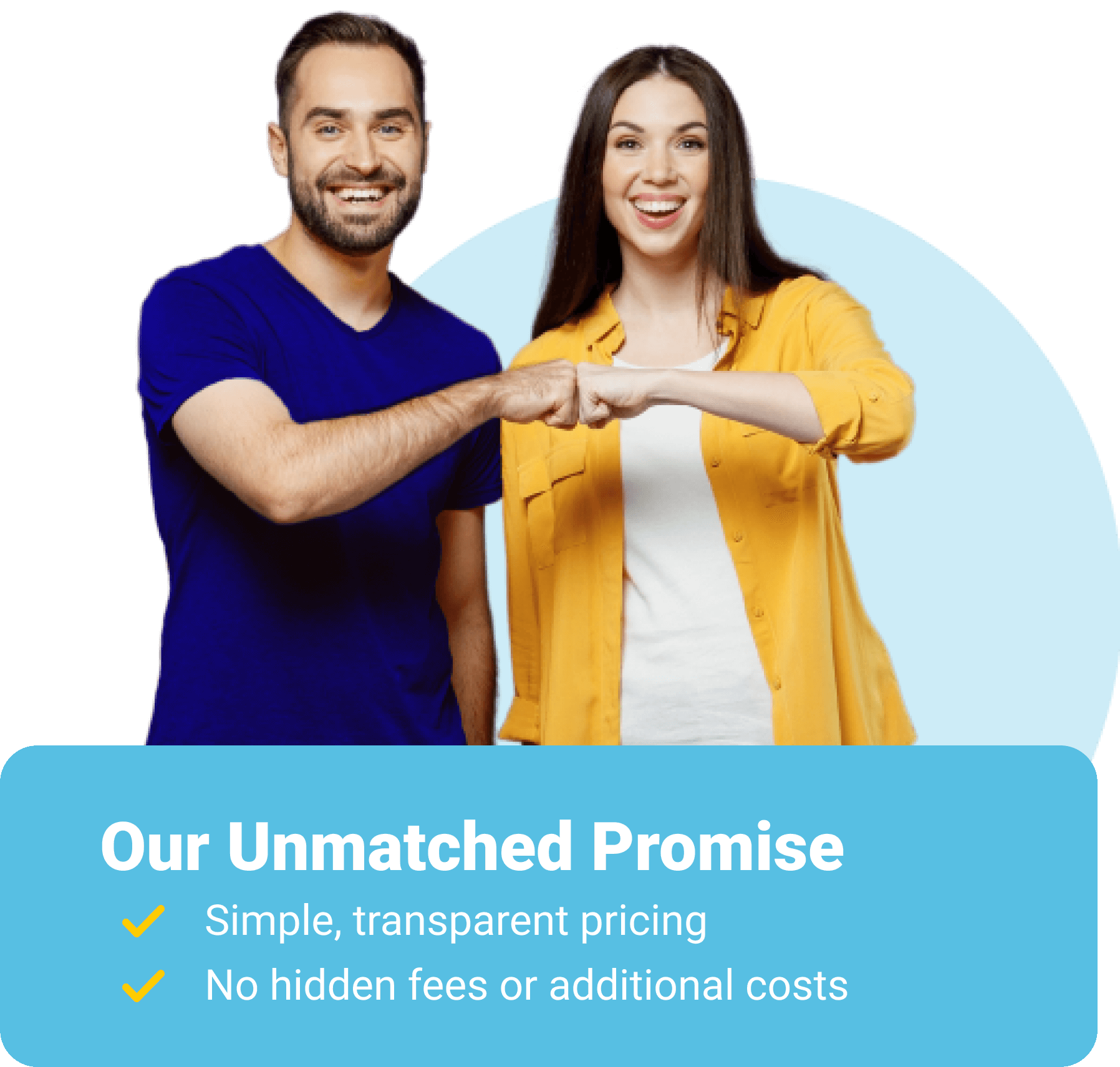 Image of a man and woman fist bumping and smiling. There's a box underneath that says 'Our Unmatched Promise: Pricing that works for everyone, volume and bundle discounts, no onboarding or support cost.'