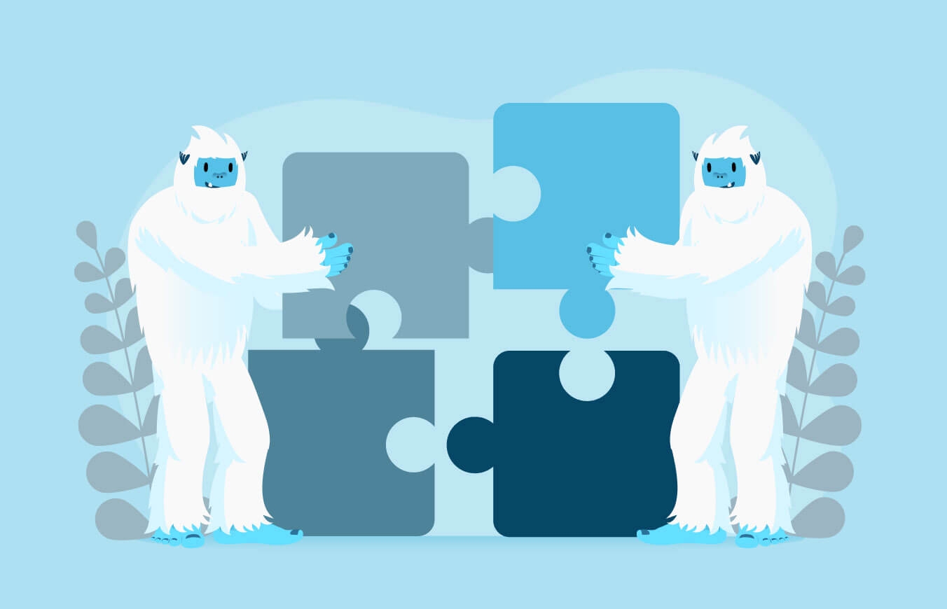 Illustration of Carl the yeti holding several large puzzle pieces.
