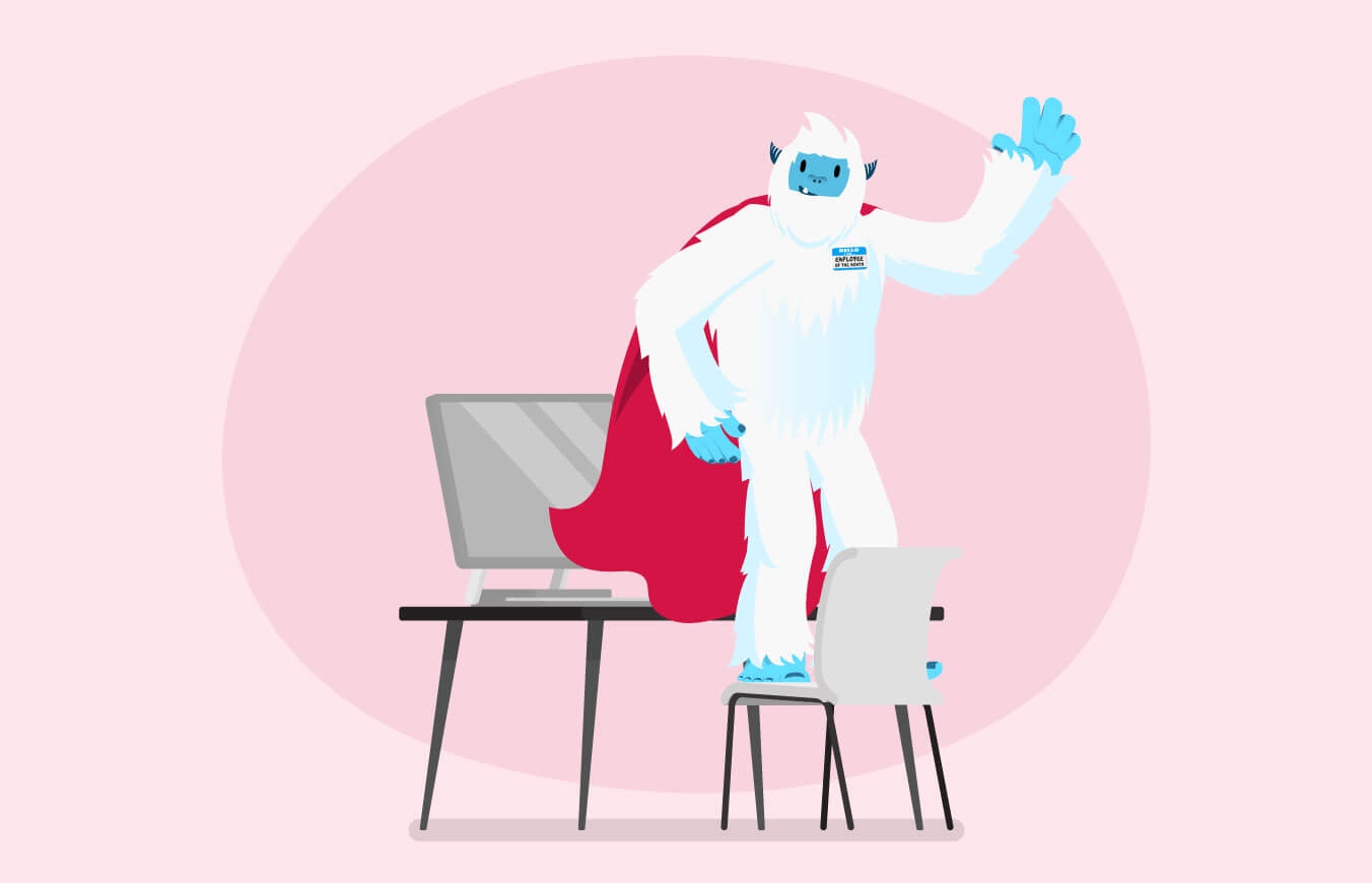 Illustration of a Carl the yeti standing on a chair with a superhero cape.