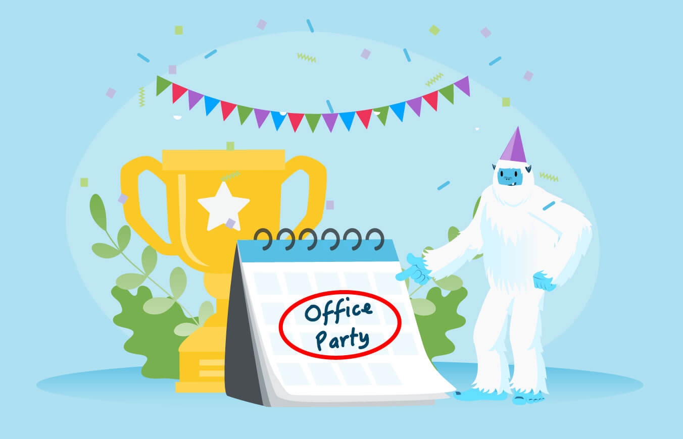 Illustration of Carl the Yeti next to a giant trophy and a sign that says office party, while wearing a party hat.