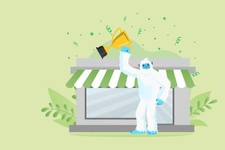 Illustration of Carl the Yeti standing outisde a small business cheering while holding a trophy.
