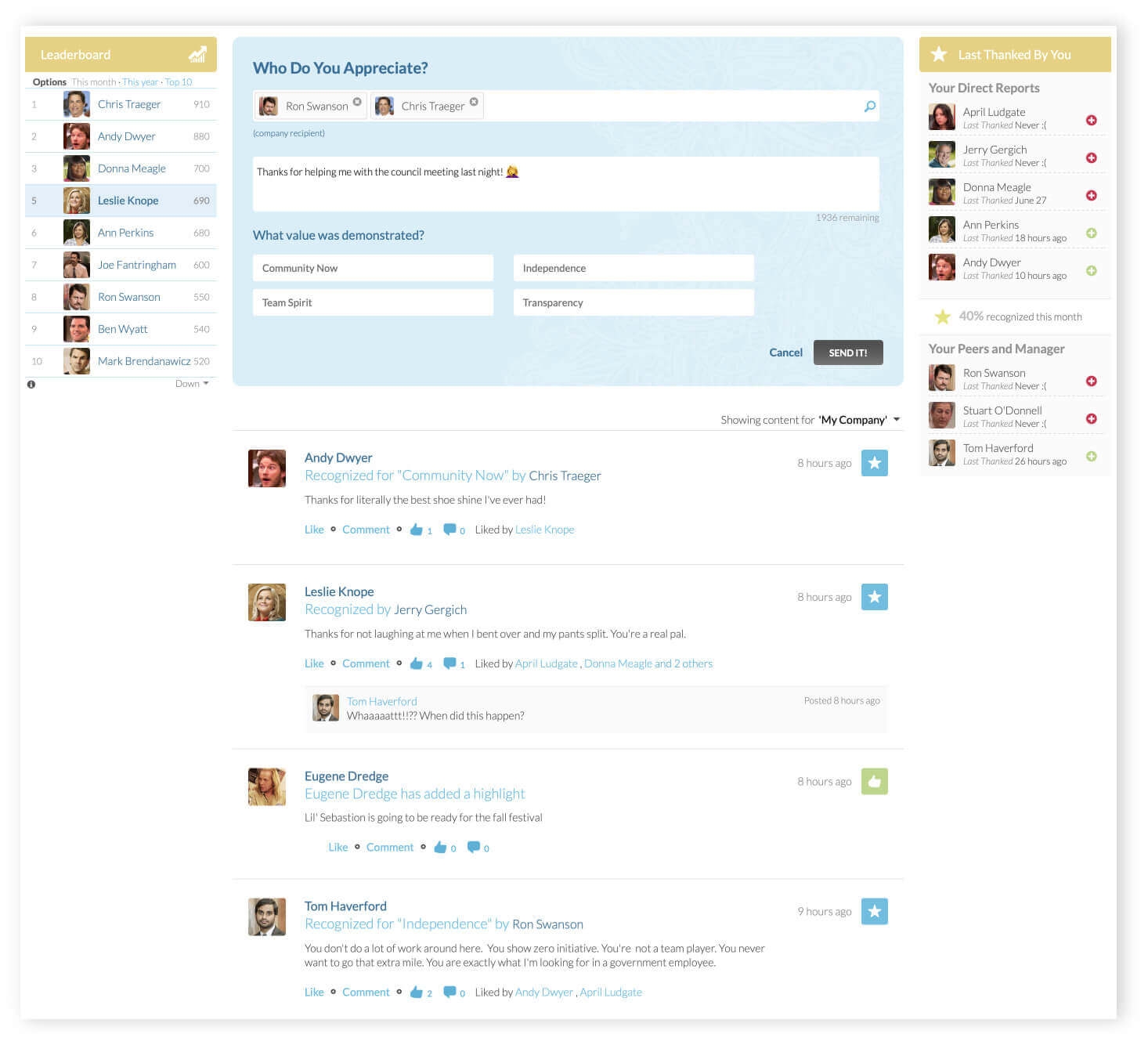 Motivosity product screen shot of the home page showing the feed and appreciation