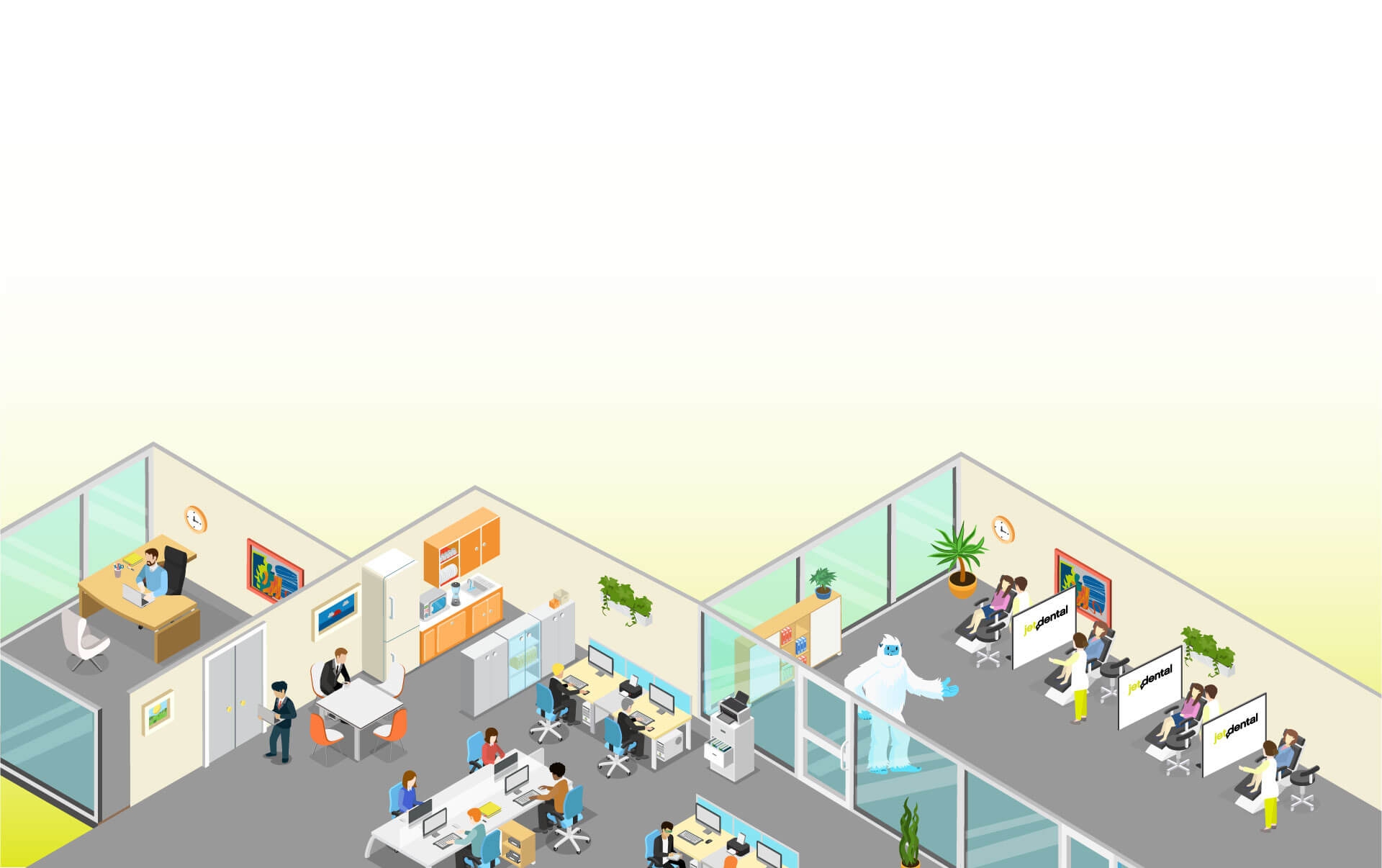 Illustration of a dental office with people appreciation each other.