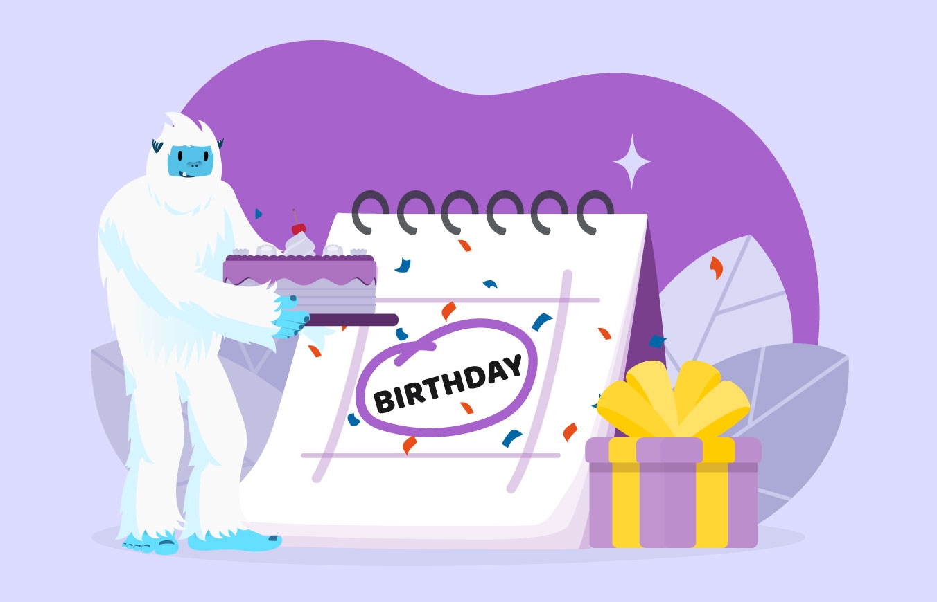 Illustration of Carl the yeti standing next to a calendar with a birthday celebration.