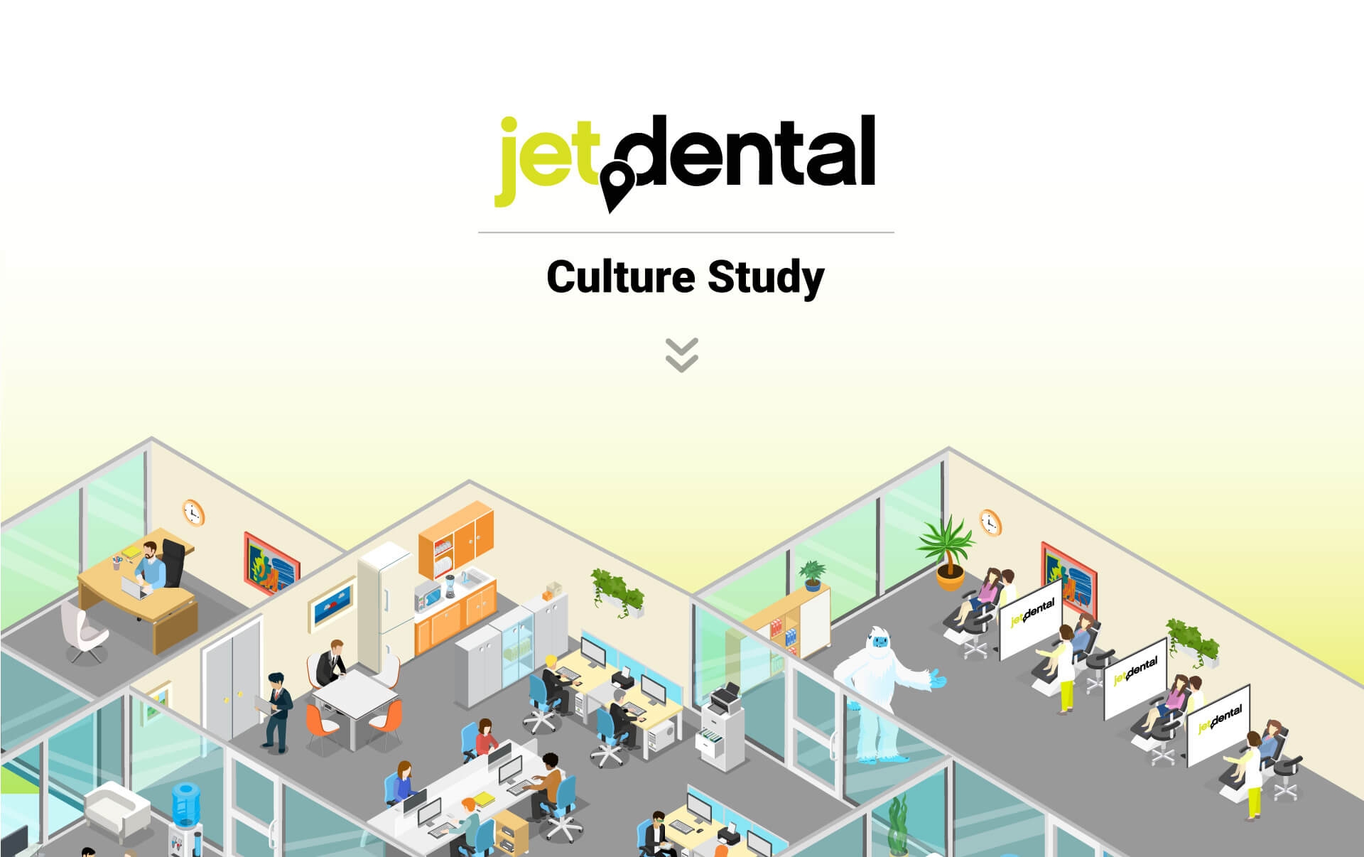 Illustration of a dental office with people appreciation each other.