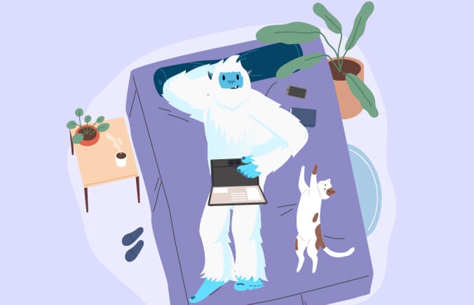 Illustration of a Carl the yeti laying in bed on his laptop with a cat sleeping next to him.