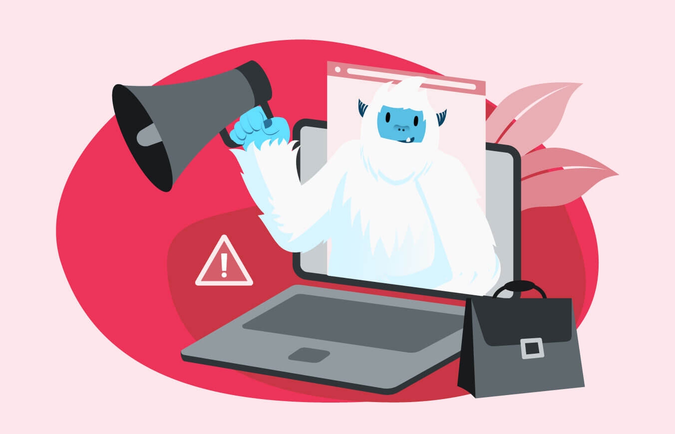 Illustration of Carl the yeti displayed on the screen of a laptop with a megaphone.