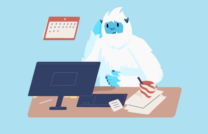 Illustration of Carl the yeti sitting at computer being frustratied