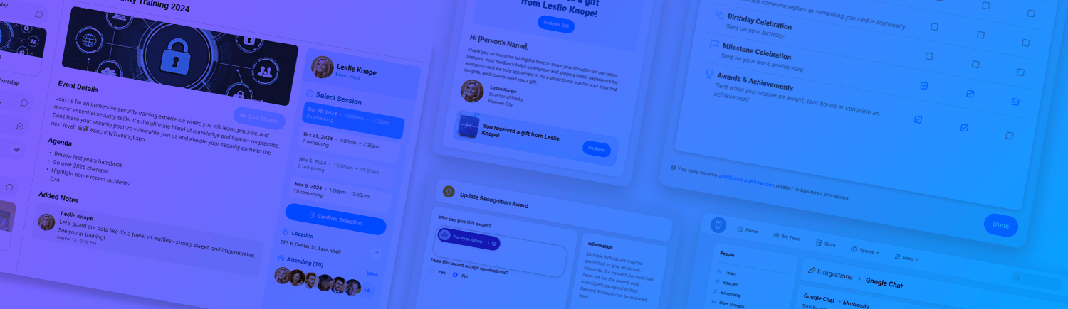 Image of several Motivosity dashboard screenshots with a gradient background.