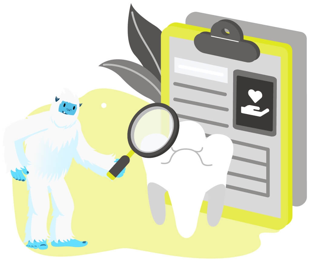 Illustration of Carl the Yeti holding a magnifying glass next to a giant tooth.