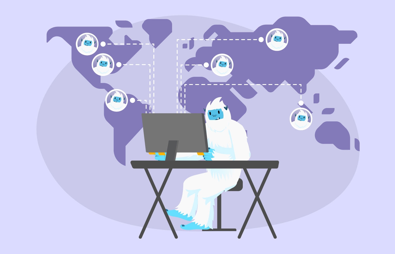 Illustration of Carl the yeti on a computer networking with people remotely around the world.