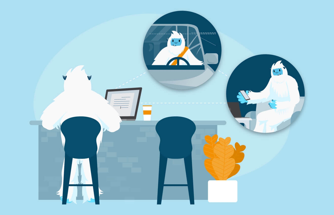 Illustration of Carl the yeti sitting at a desk on his computer. He is netowrking with other employees at his company.