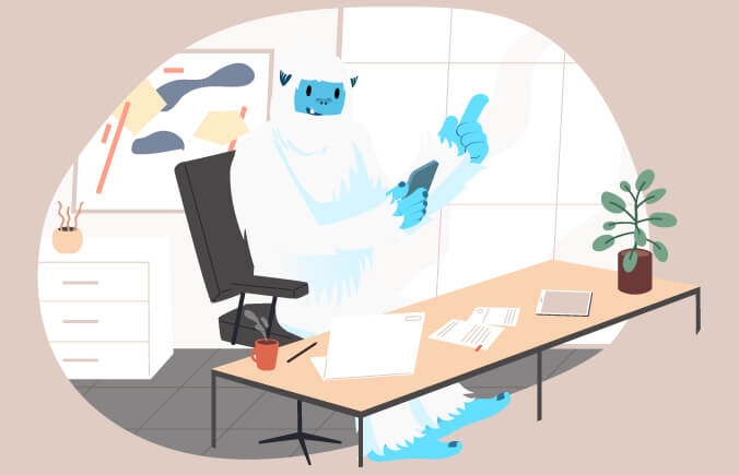 Illustration of Carl the yeti smiling with his feet on a desk with his cell phone.