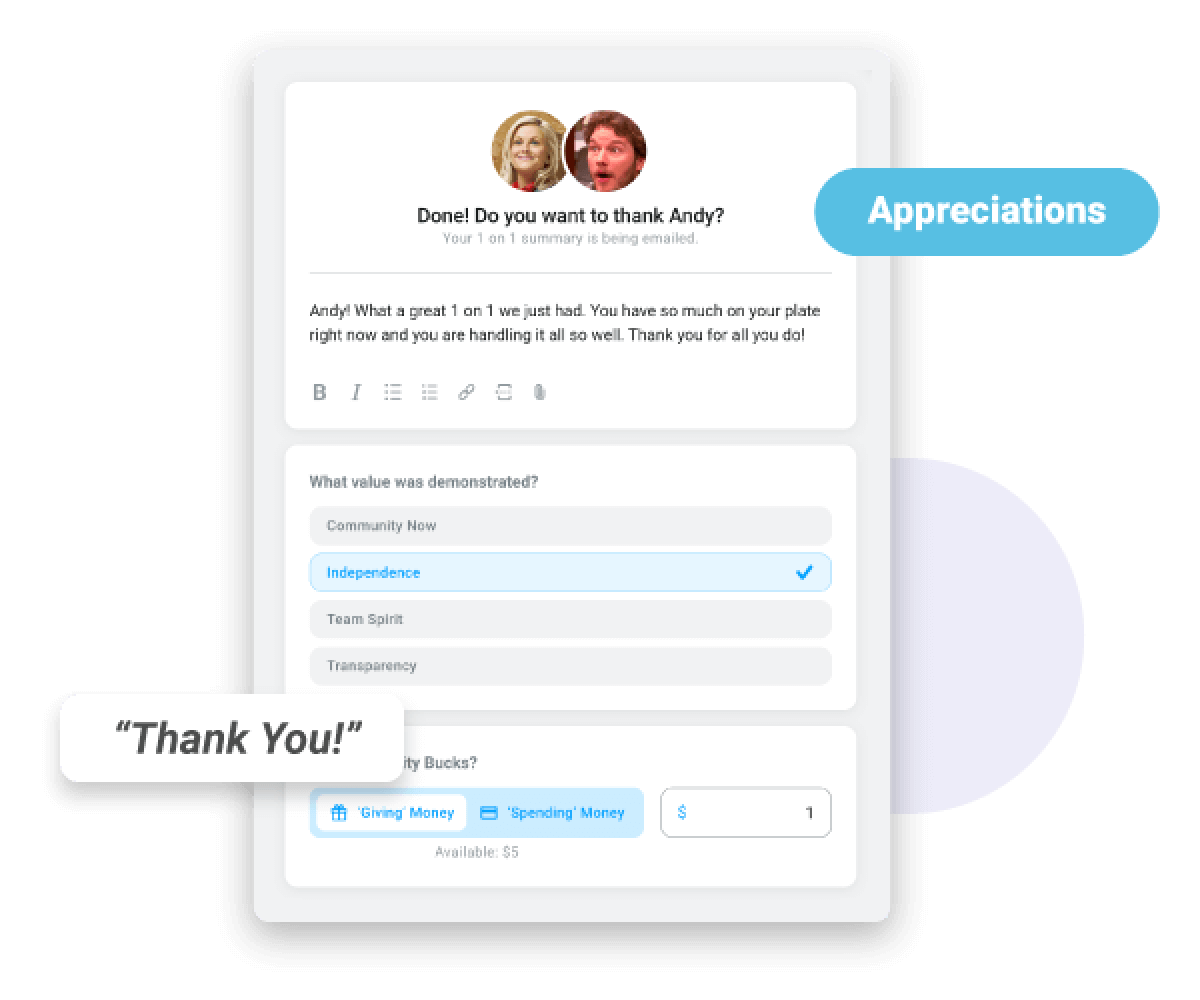 Screenshot of an appreciation modal in Motivosity to give an employee after a 1 on 1 meeting.