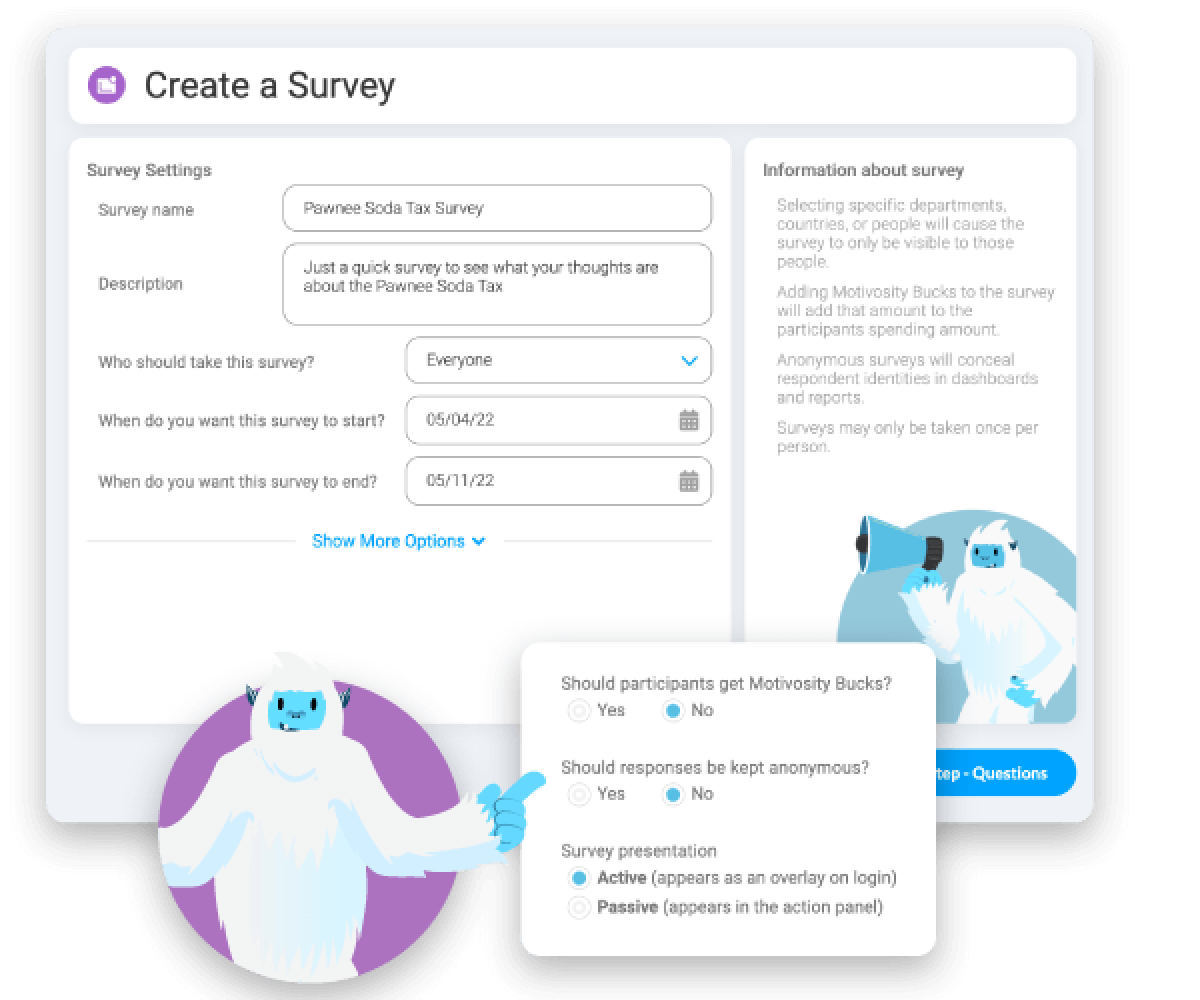 Screenshot of the Motivosity survey creation modal.