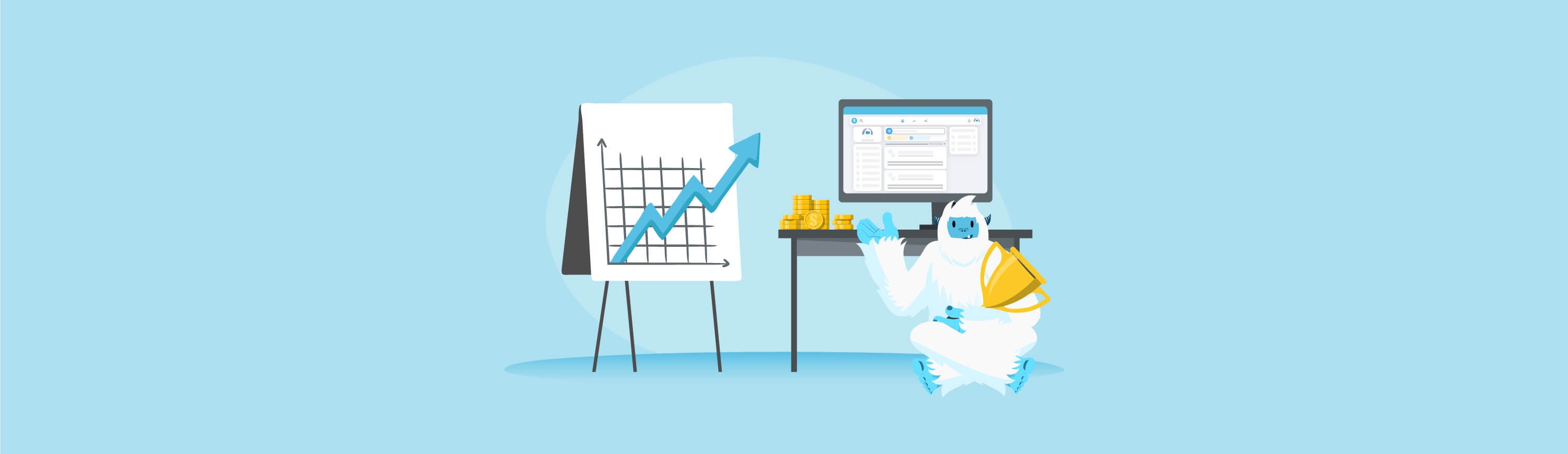 Illustration of Carl the yeti holding a trophy sitting next to a graph trending upwards.
