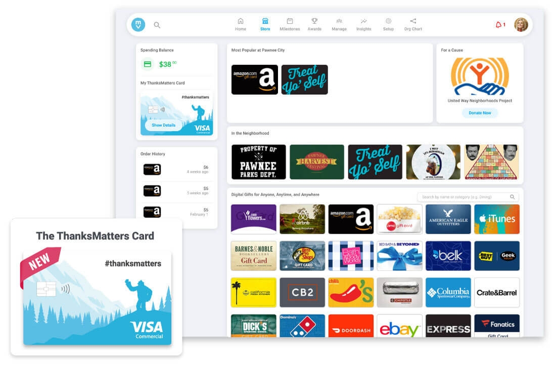 Screenshot showing the Motivosity store with the popular gift card options.