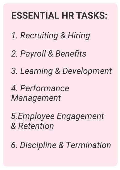 image with text - Essential HR Task: Recruiting and Hiring, Payroll and Benefits, Learning and Development, Performance Management, Employee Engagement & Retention, Discipline and Termination.