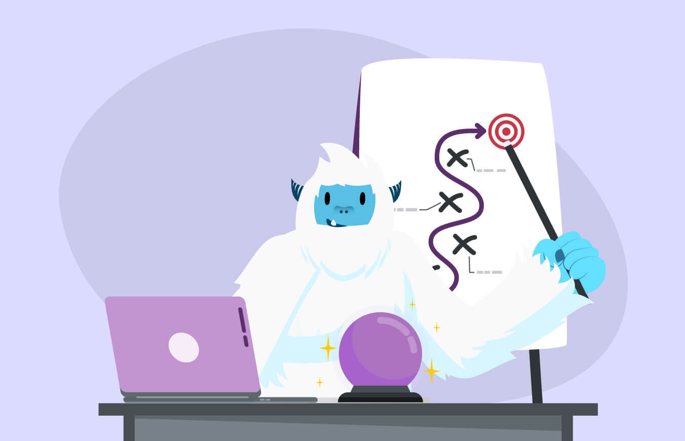 Illustration of Carl the yeti sitting at a desk with a magic wand and ball with a laptop.