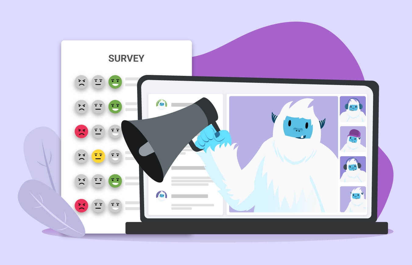 Illustration of Carl the yeti holding a megaphone next to a page with a survey on it.
