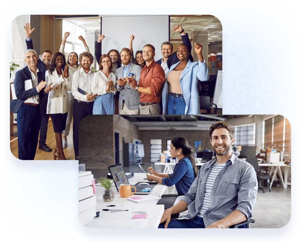 Happy employees connected and engaged at work through strong company culture and recognition in Motivosity.