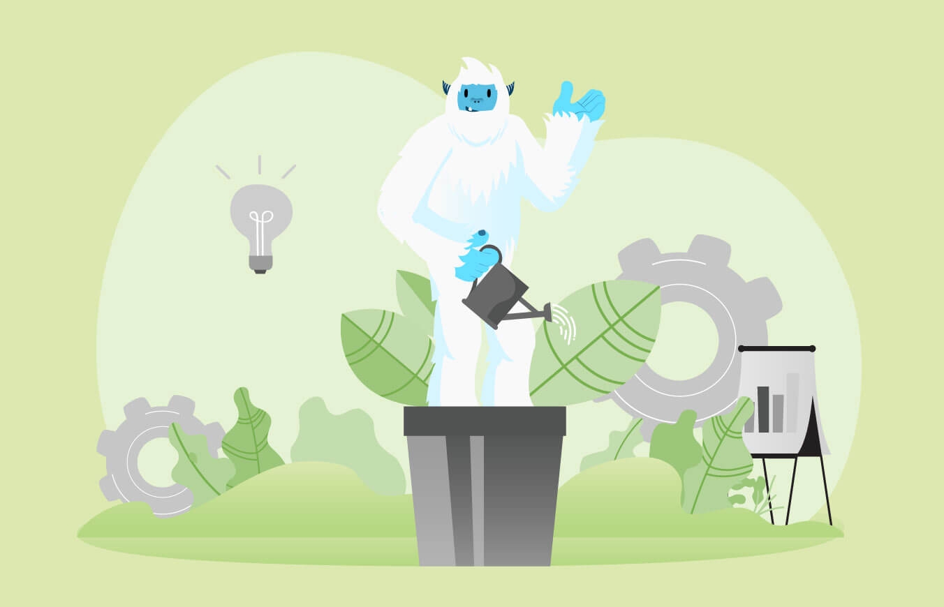 Illustration of Carl the yeti watering a plant.
