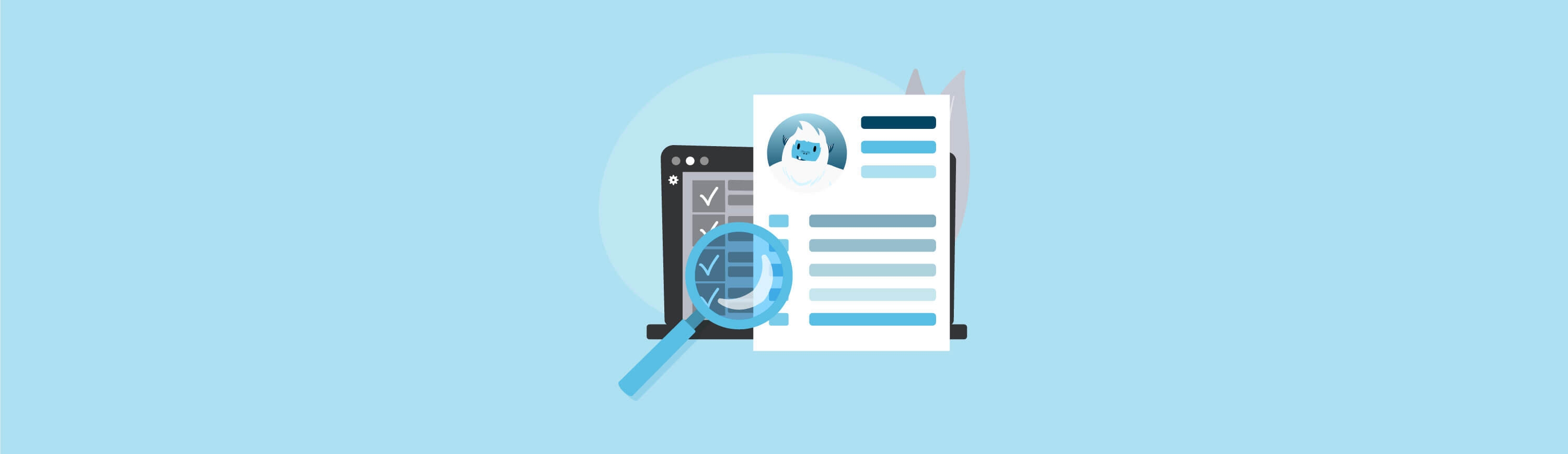 Illustration of Carl the yeti's resume with a magnifying glass over it.