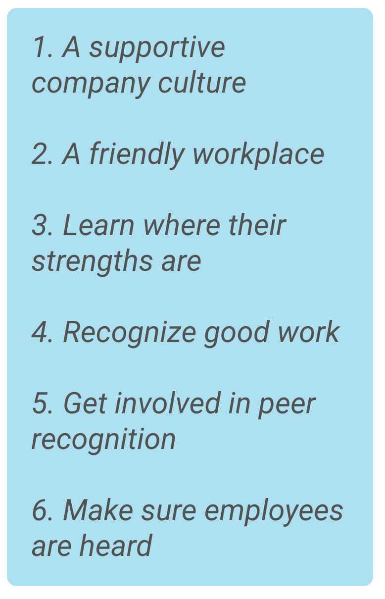 image with text - 1. A supportive company culture. 2. A friendly workplace. 3. Learn where their strengths are. 4. Recognize good work.