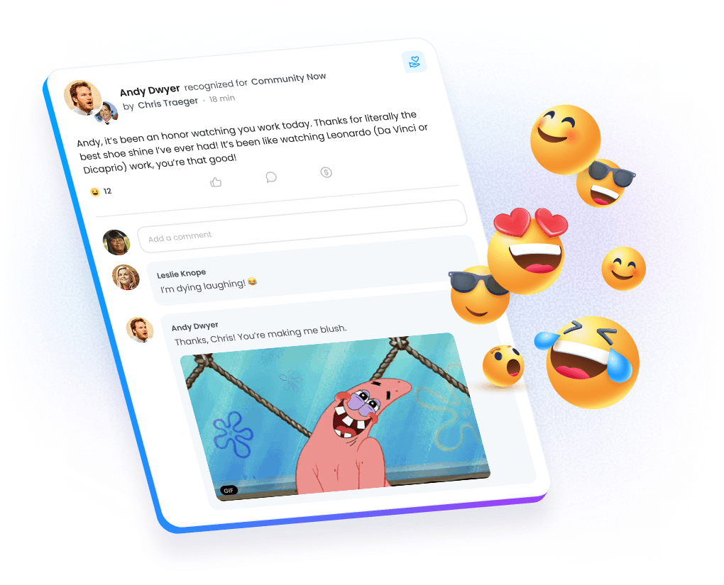 Peer-to-peer employee recognition shared in Motivosity’s company-wide social feed connecting employees globally.