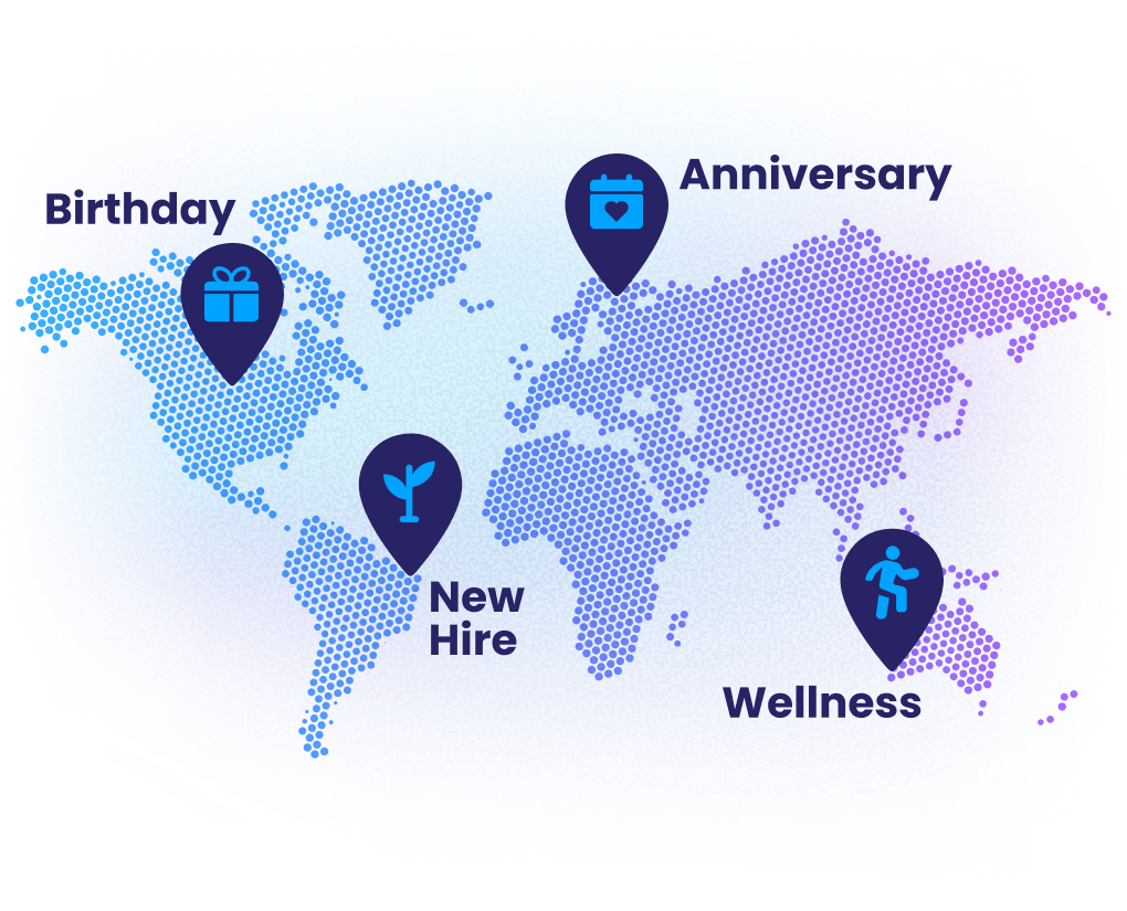 Map showing employee rewards available globally, supporting international recognition and engagement.