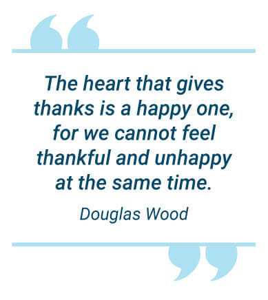 image with text - The heart that gives thanks is a happy one, for we cannot feel thankful and unhappy at the same time.