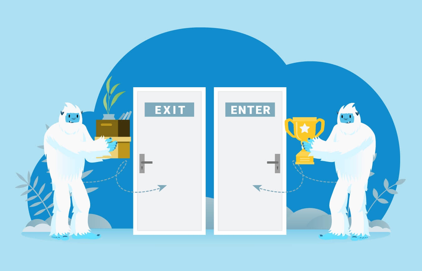 Illustration of Carl the yeti standing next to a enter door holding a trophy, and an another Carl stading next ot an exit door holding his desk belongs representing turnover.