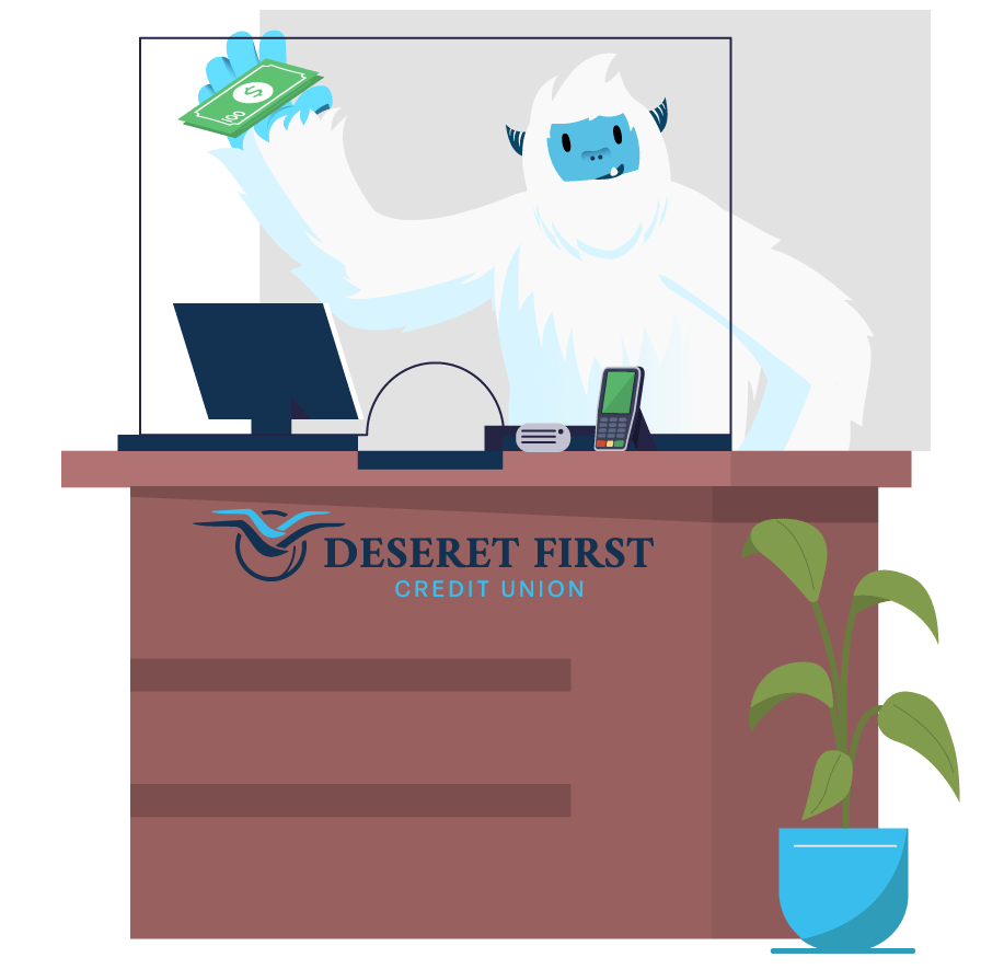 Illustration of Carl the Yeti as a bank teller.
