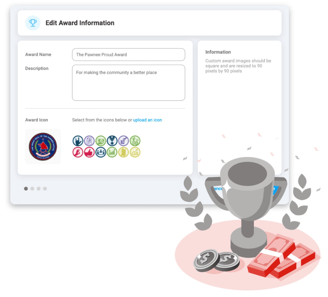 Image screenshot of the Motivosity dashboard with a trophy image.