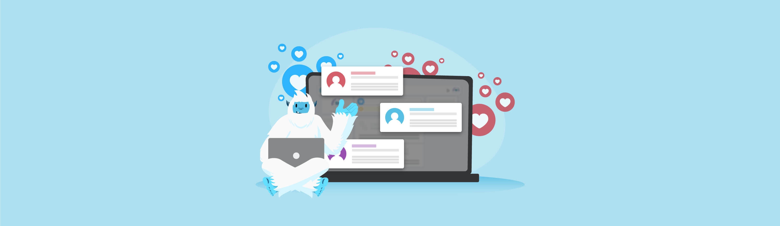 Illustration of Carl the Yeti sitting next to a giant laptop surrounded by hearts.