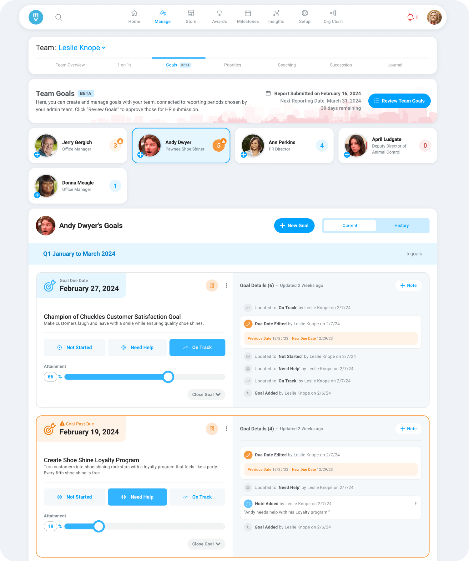 Image of the Motivosity team goals dashboard.