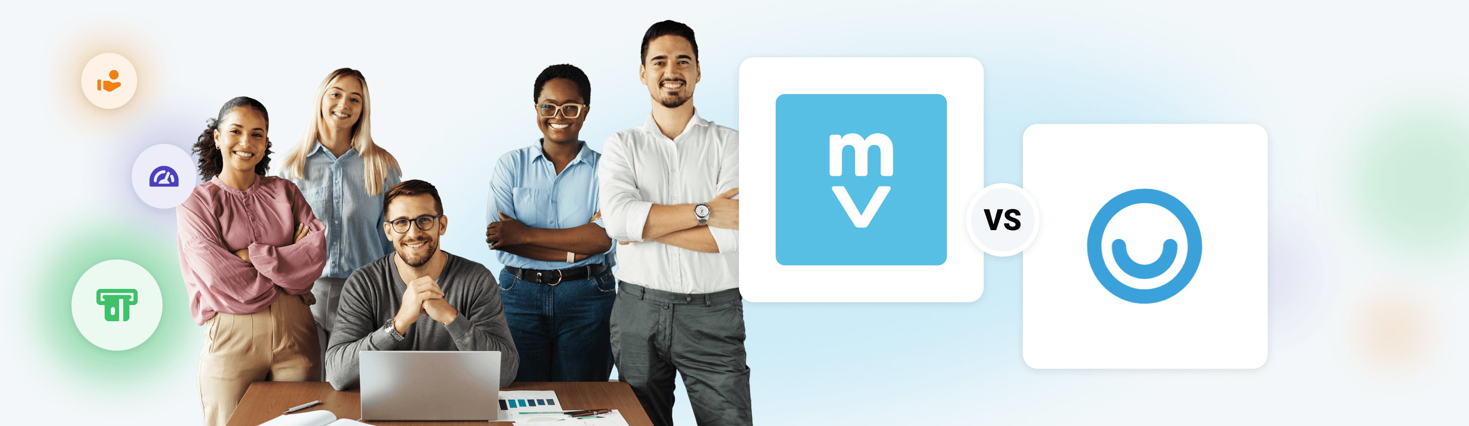 Image of happy employees using a recognition program and logos for Motivosity and Bucketlist Rewards.