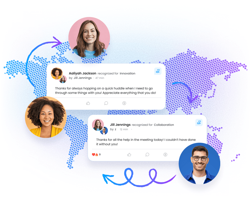 Global employees connecting and engaging with each other through the Motivosity employee recognition platform.