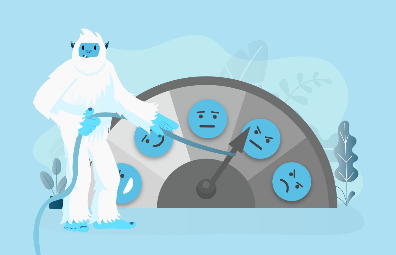 Illustration of Carl the yeti stading next to a wheel with faces ranging from angry and sad to happy.