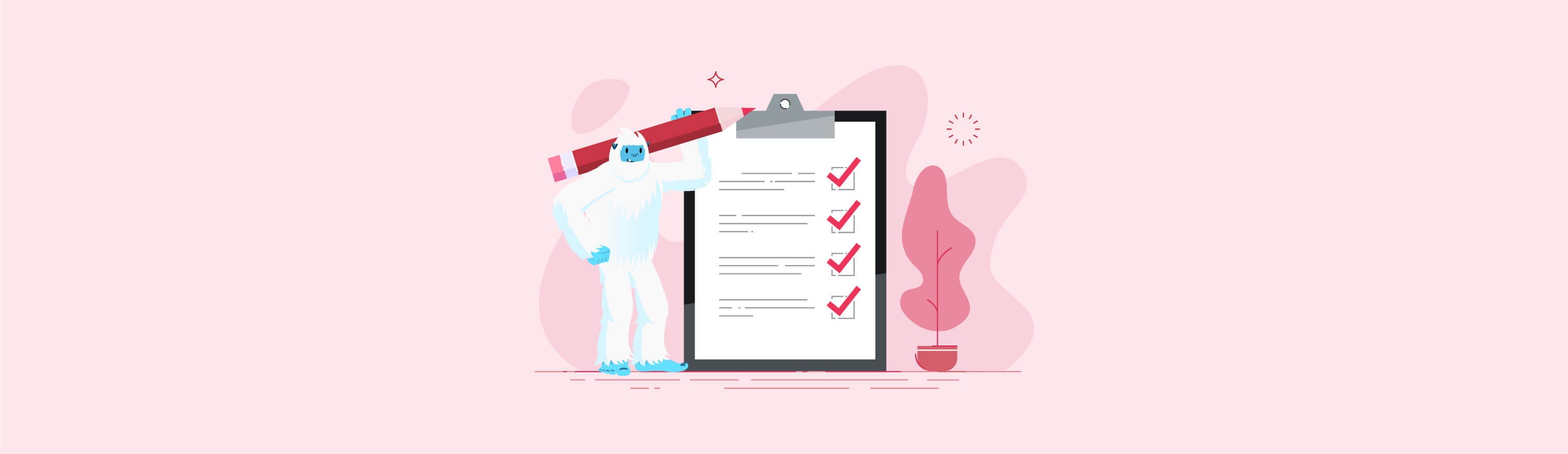 Illustration of Carl the yeti holding a giant pencil next to a clipboard with a checklist on it.