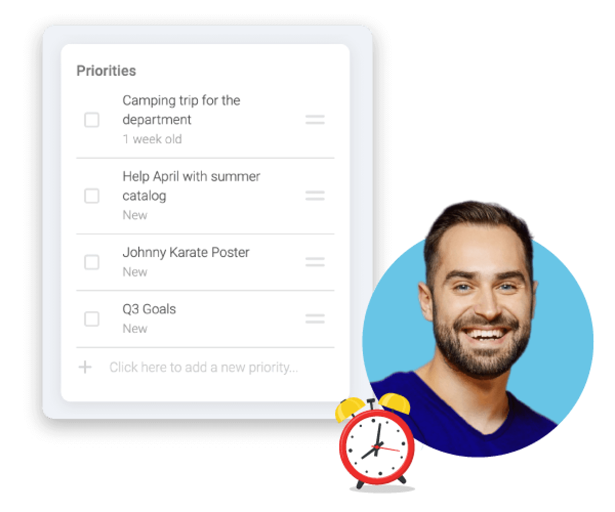 Man smiling next to his priority list in Motivosity.
